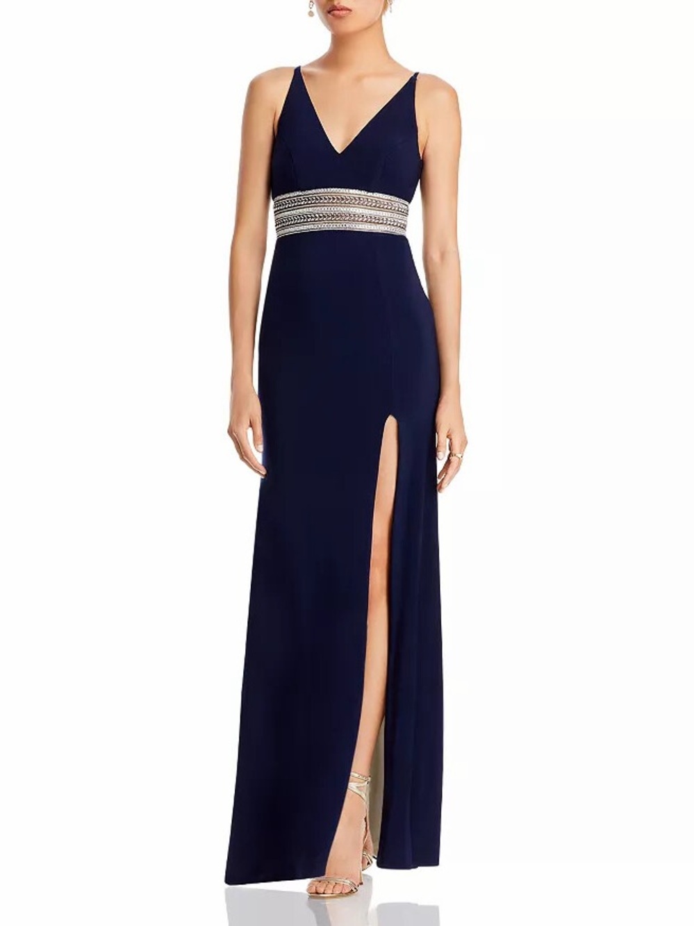 Xscape Navy Embellished Waist Maxi Front Slit Gown